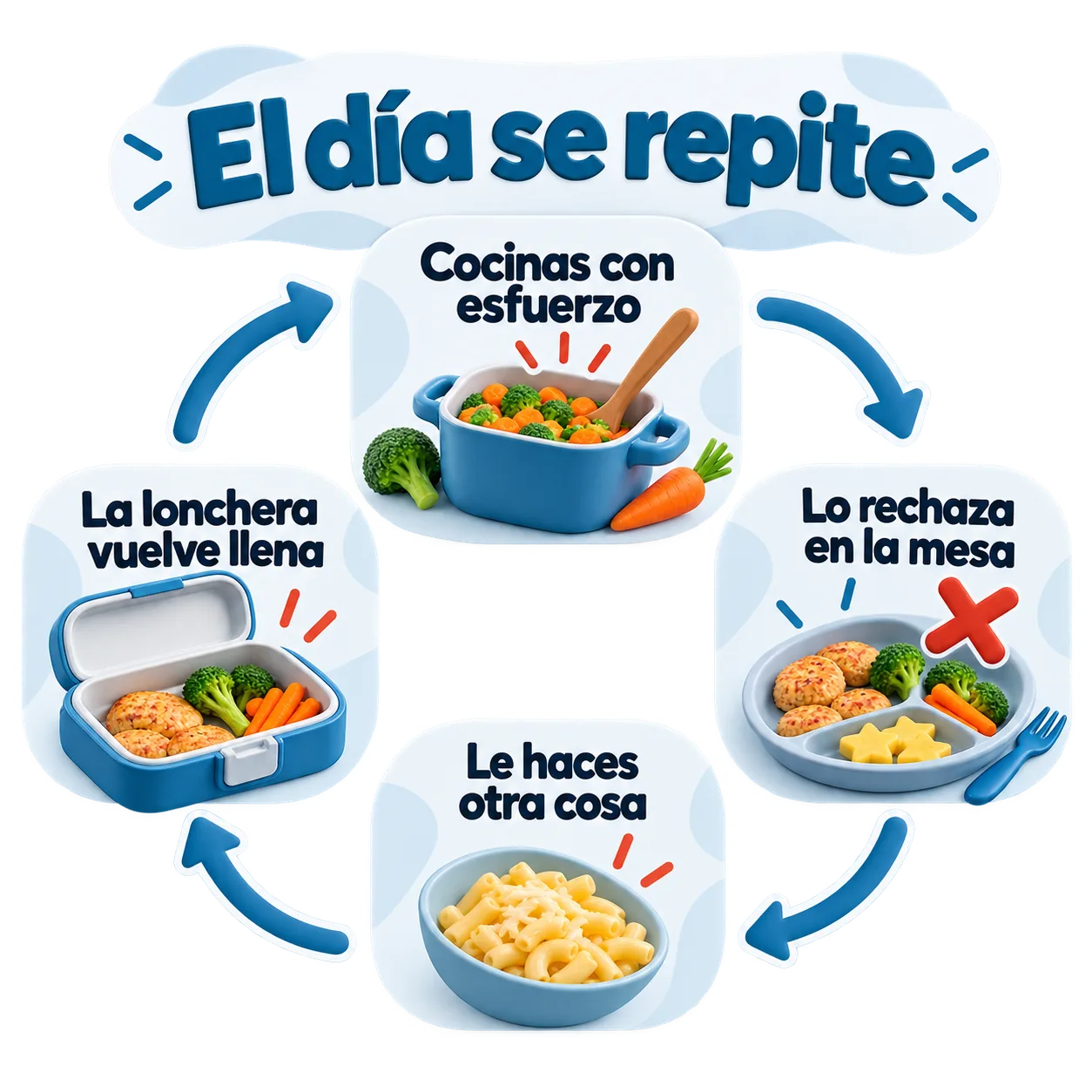El día se repite: cocinas con esfuerzo, lo rechaza en la mesa, le haces otra cosa y la lonchera vuelve llena
