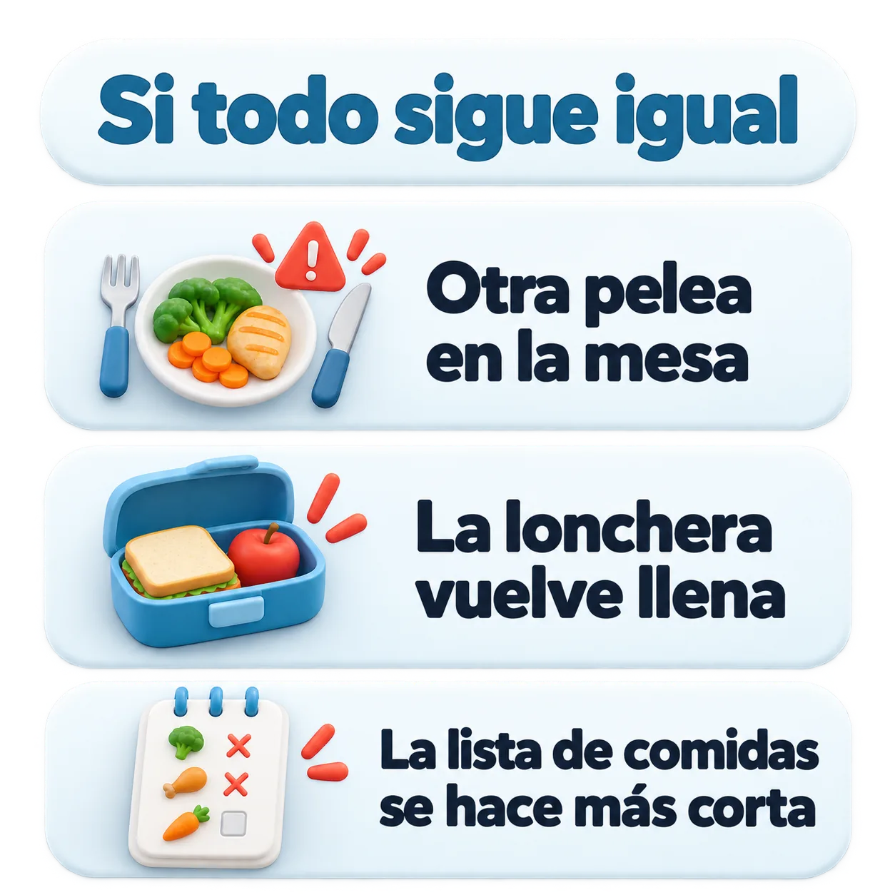 Si todo sigue igual: otra pelea en la mesa, la lonchera vuelve llena y la lista de comidas se hace más corta