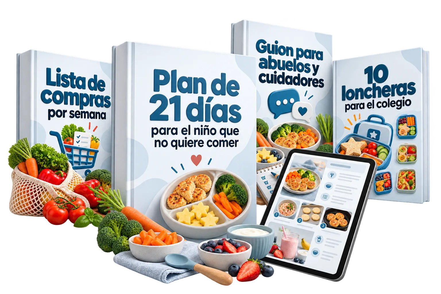 Paquete completo del Plan de 21 días: el plan al frente y los tres bonos detrás, junto a una tablet con las páginas interiores