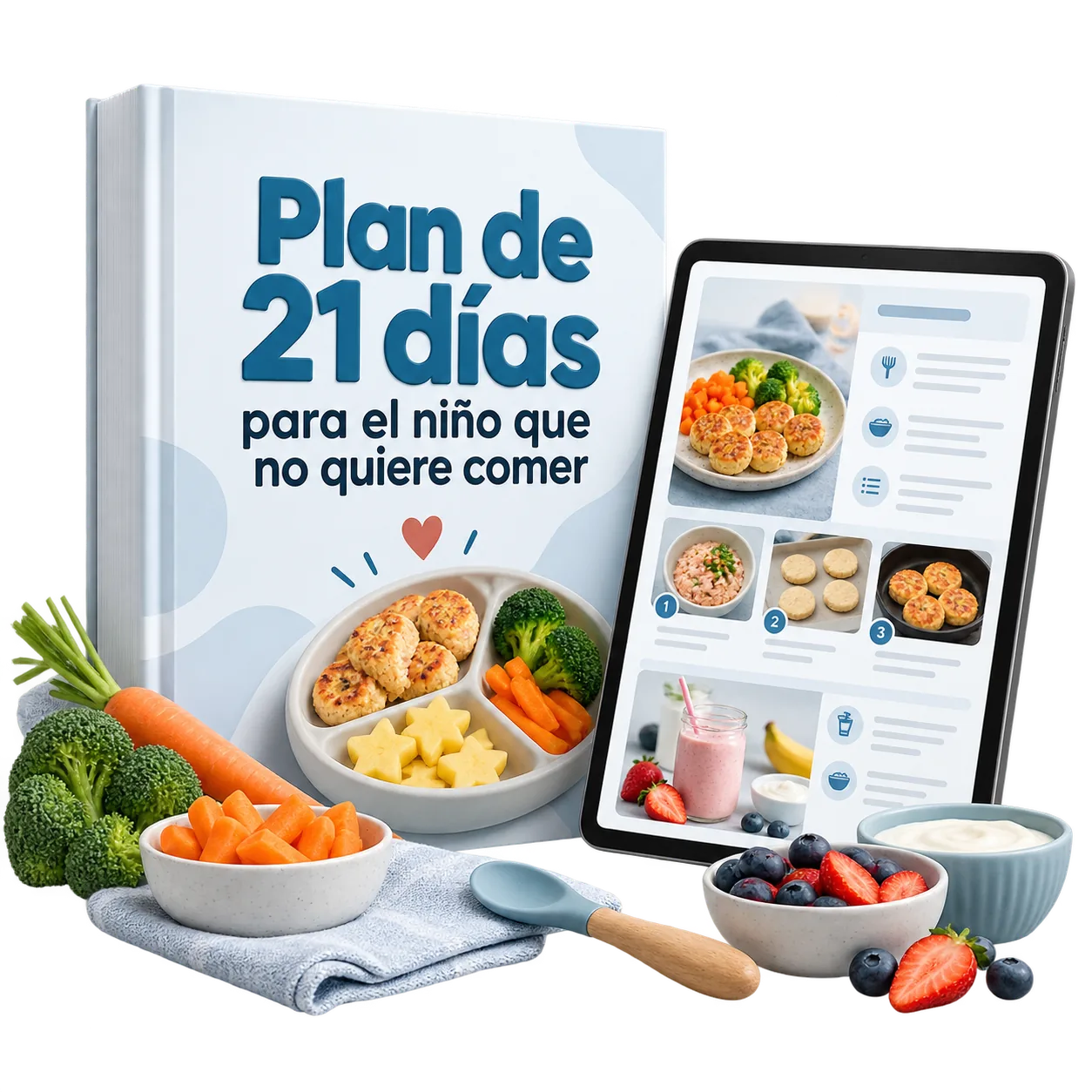 Portada del Plan de 21 días para el niño que no quiere comer junto a una tablet con las páginas interiores