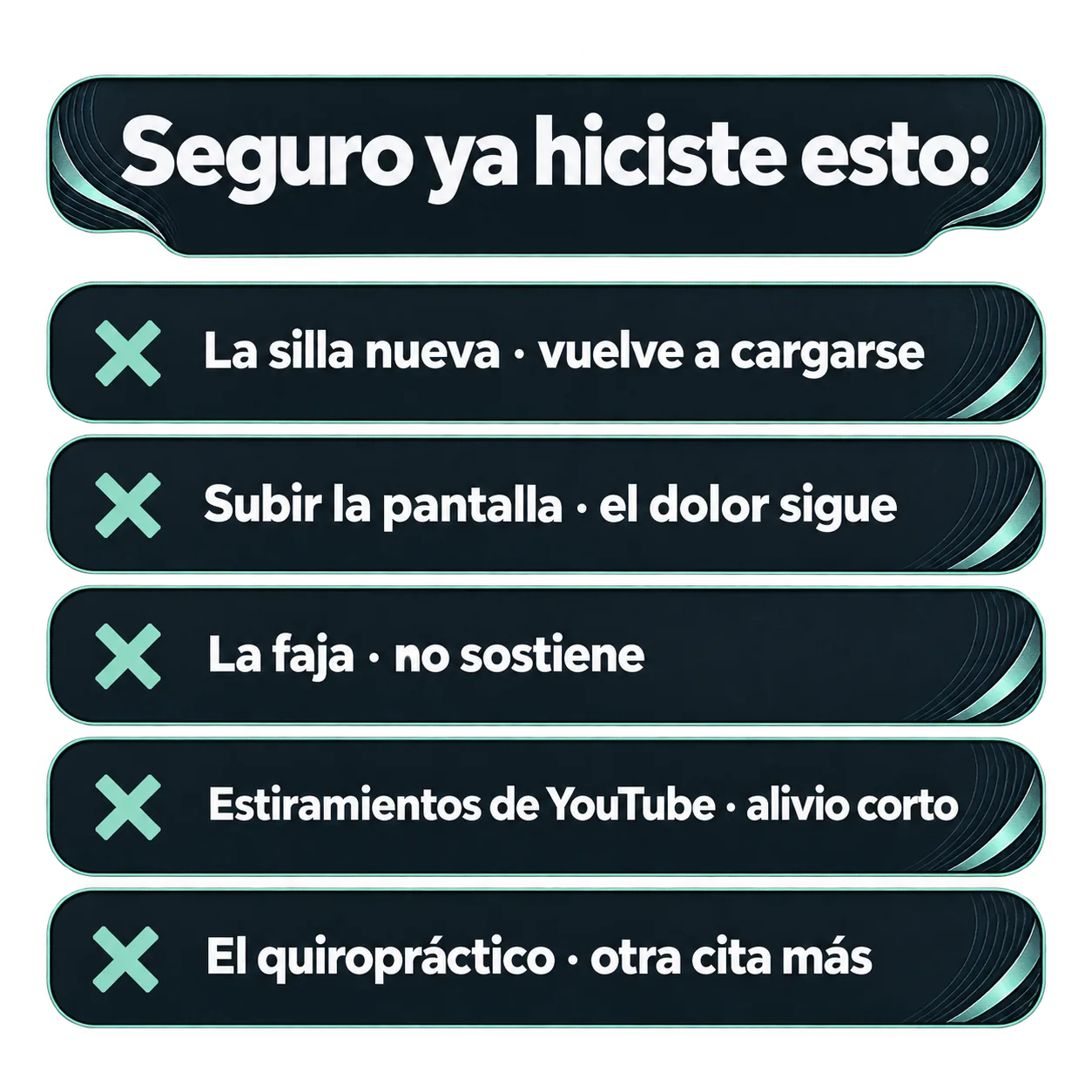 ✕ La silla nueva. A mitad del día la espalda baja vuelve a cargarse. ✕ Subir la pantalla y ajustar la posición. Ayuda un poco y el dolor sigue apareciendo cada día. ✕ La faja o el corrector. Muchos no sostienen como en el video, y elegir entre tantos modelos ya cansa. ✕ Los estiramientos de YouTube. Alivian un rato, pero sin fortalecer la zona el alivio dura poco. ✕ El quiropráctico cada cierto tiempo. Sales mejor y vuelves a pagar la siguiente cita.