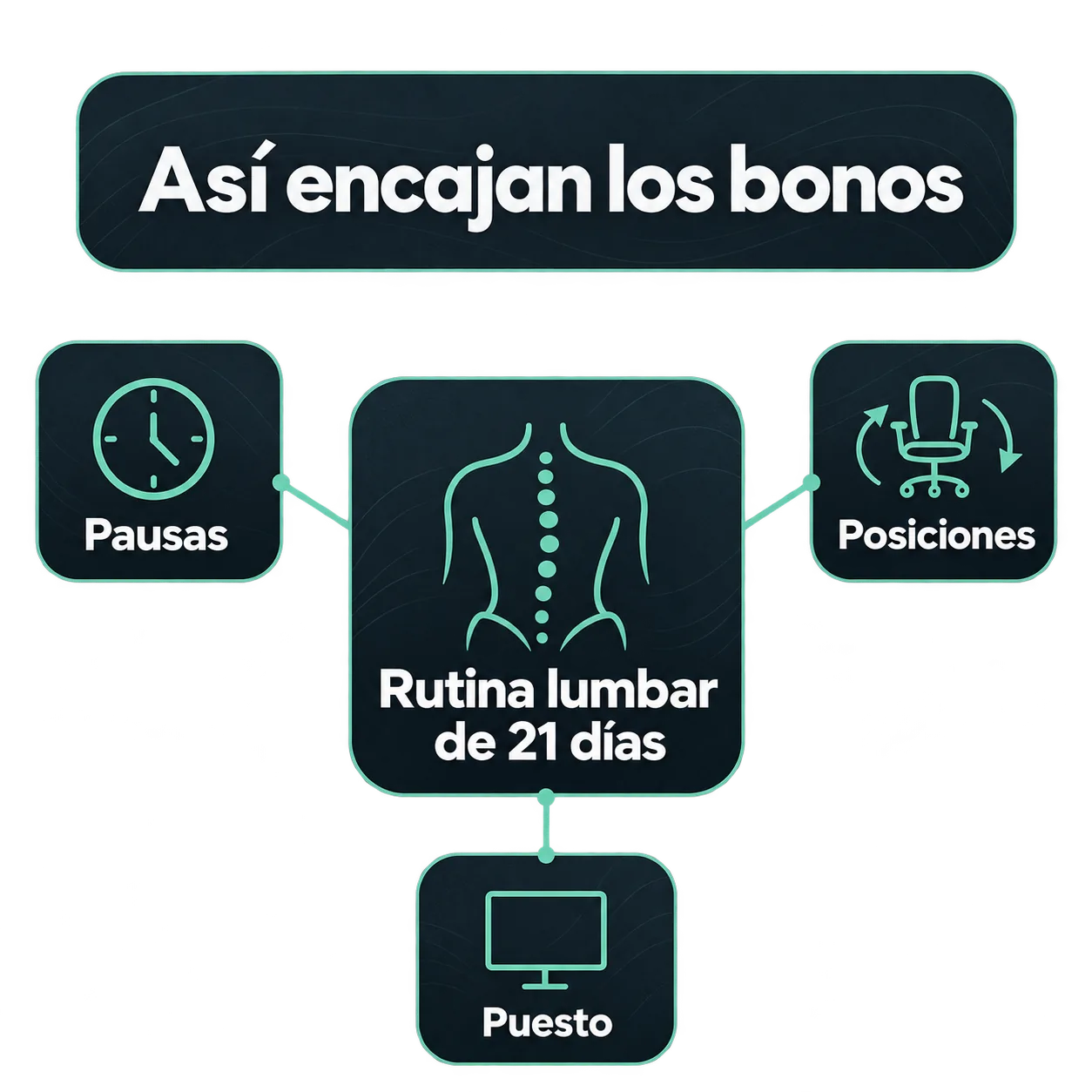 Así encajan los bonos: la Rutina lumbar de 21 días al centro, unida a Pausas, Posiciones y Puesto
