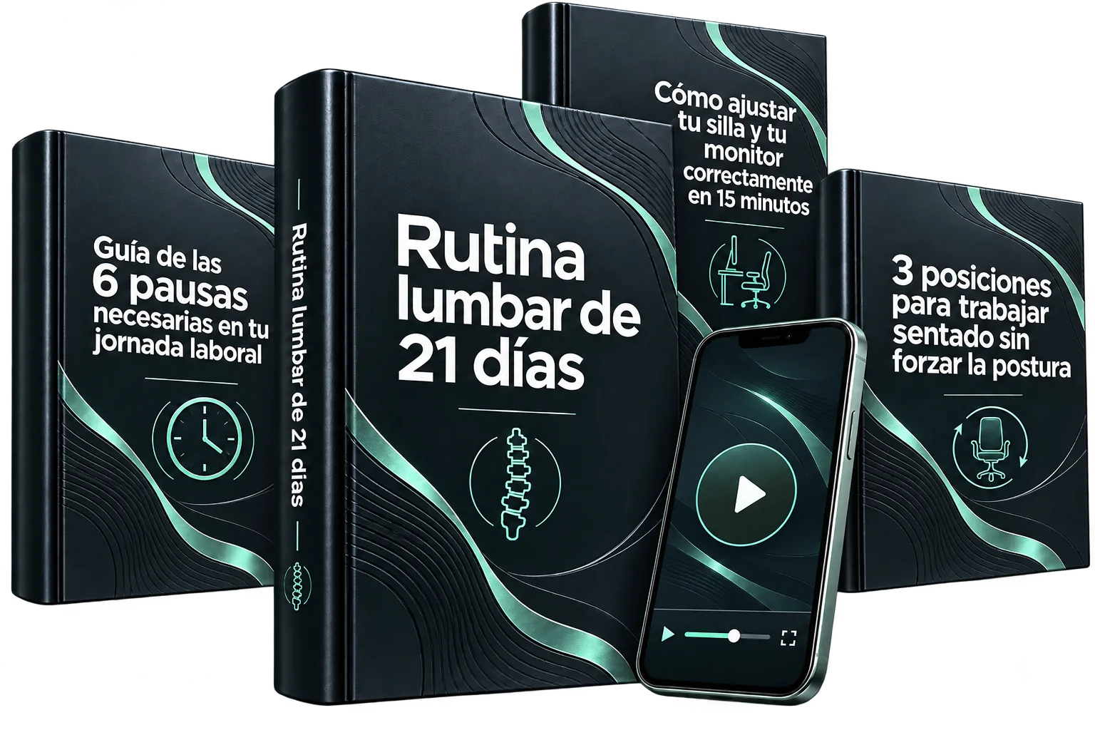 Rutina lumbar de 21 días: guía principal con un celular que reproduce una rutina en video y las portadas de los 3 bonos