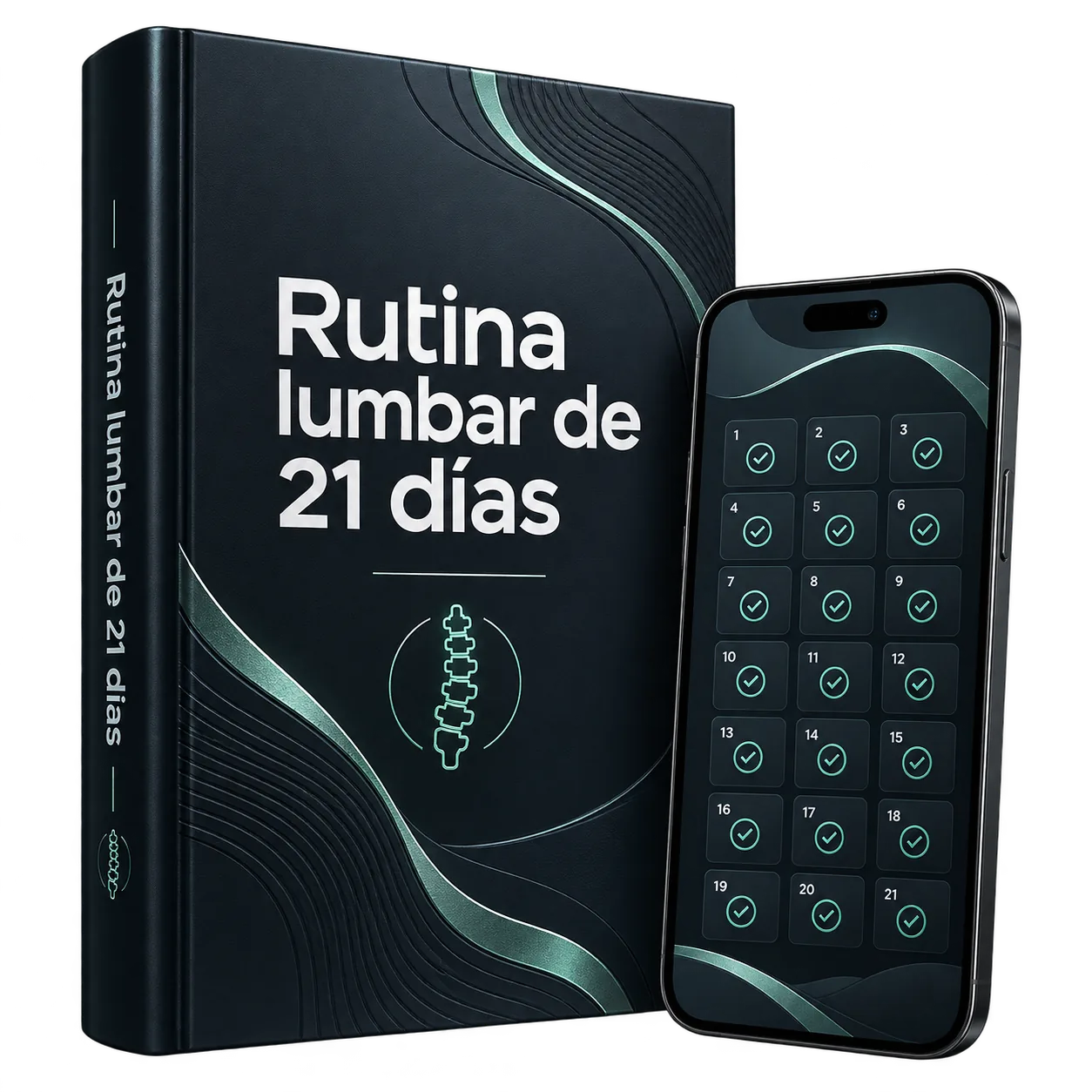 Portada de la guía Rutina lumbar de 21 días junto a un celular con el calendario de 21 días
