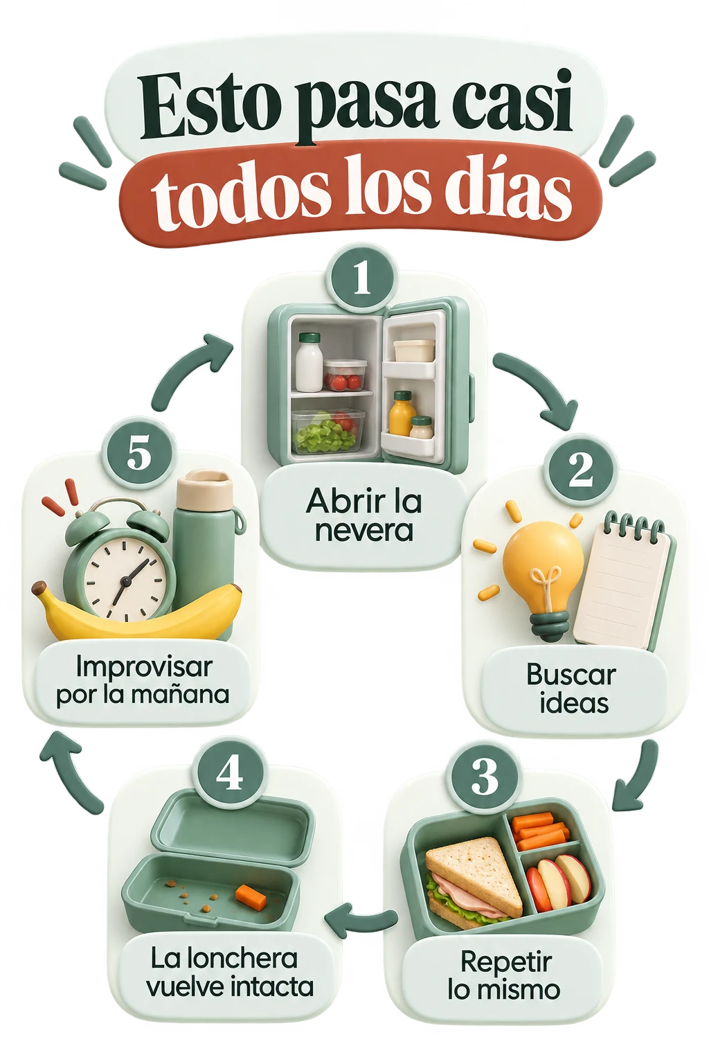 Esto pasa casi todos los días: abrir la nevera, buscar ideas, repetir lo mismo, la lonchera vuelve intacta e improvisar por la mañana.