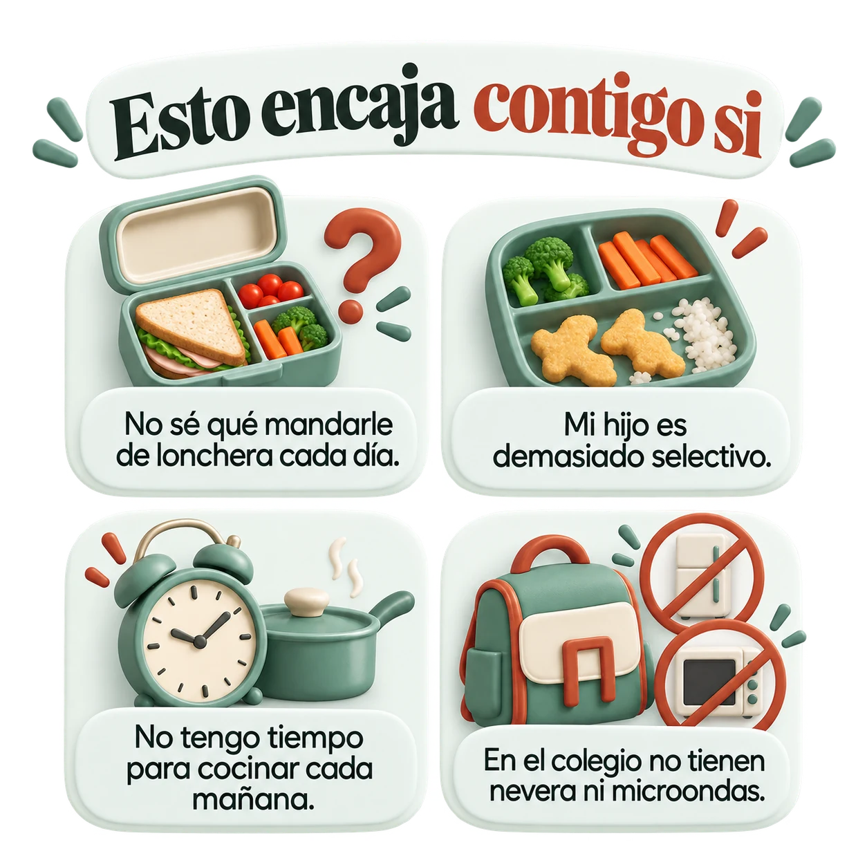 Esto encaja contigo si: no sé qué mandarle de lonchera cada día; mi hijo es demasiado selectivo; no tengo tiempo para cocinar cada mañana; en el colegio no tienen nevera ni microondas.