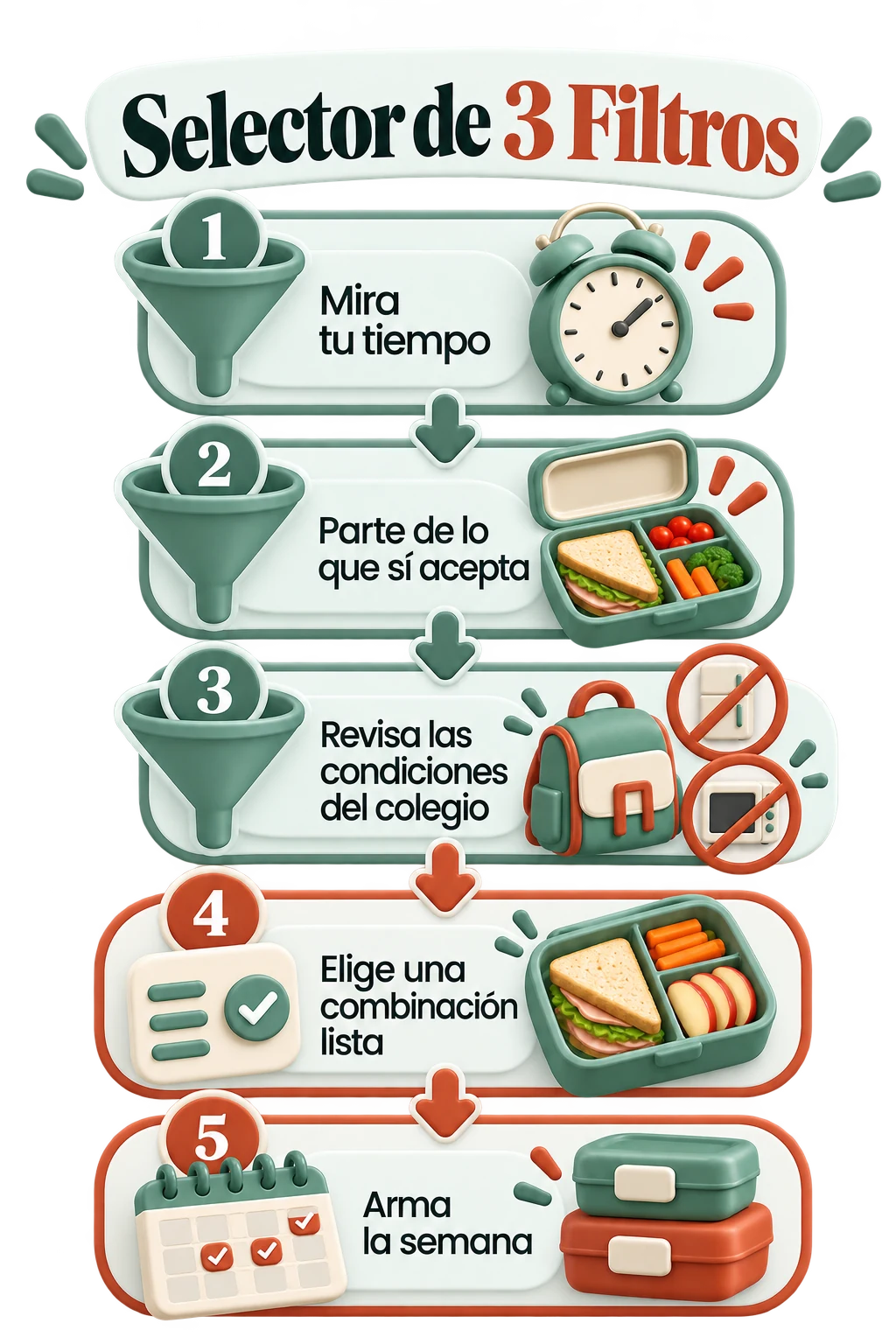Selector de 3 Filtros: mira tu tiempo, parte de lo que sí acepta, revisa las condiciones del colegio, elige una combinación lista y arma la semana.