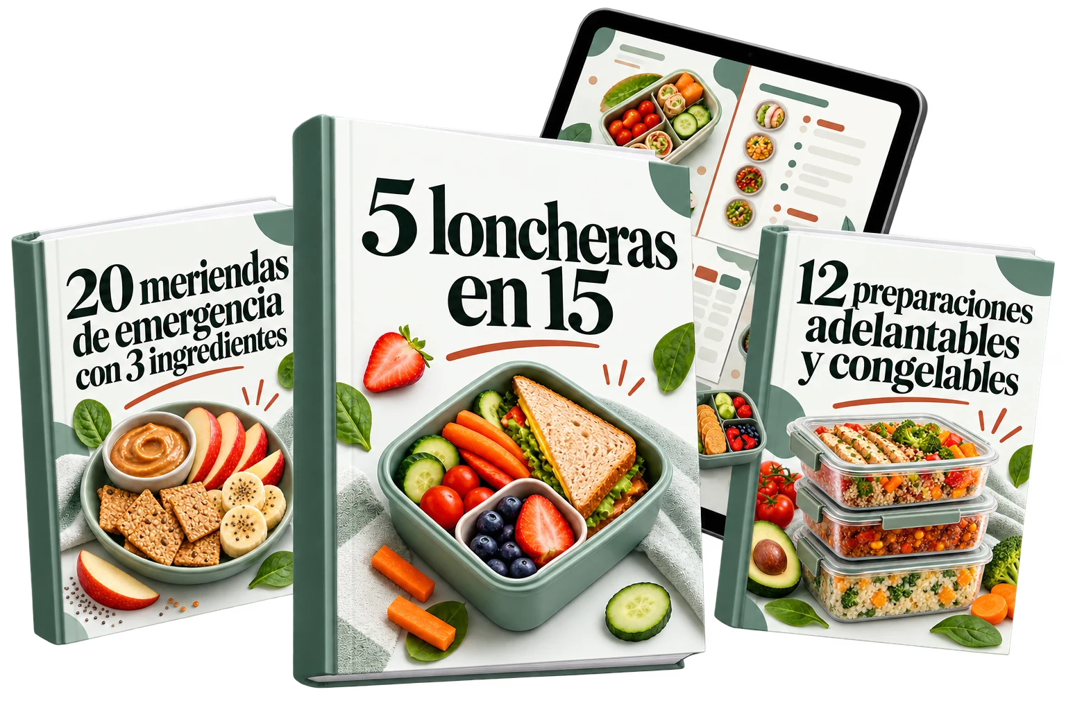 Colección digital: 5 loncheras en 15, 20 meriendas de emergencia con 3 ingredientes y 12 preparaciones adelantables y congelables.