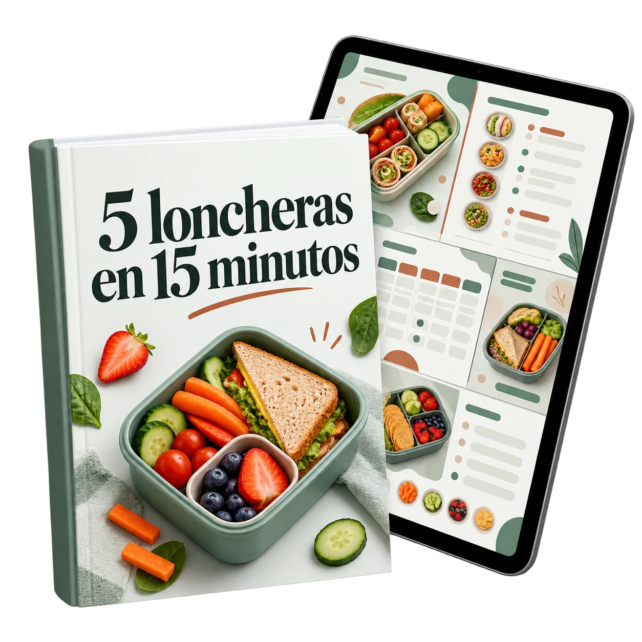 PDF 5 loncheras en 15 minutos junto a una tableta con páginas de planificación.